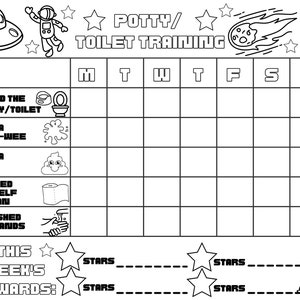 Colorea la tabla de recompensas de entrenamiento para ir al baño / inodoro de tus propios niños - Tema Space Aliens - Descargar, imprimir y colorear