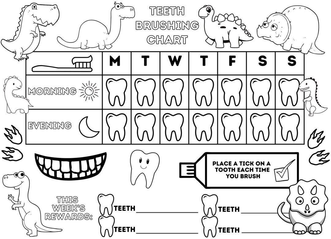 Colour Your Own Children's Teeth Brushing Reward Chart - Dinosaurs ...
