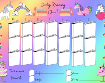 May include: A printable daily reading chart featuring a rainbow, unicorns, and books. The chart is designed to help children track their reading progress. It includes spaces for each day of the week, as well as a section for rewards.