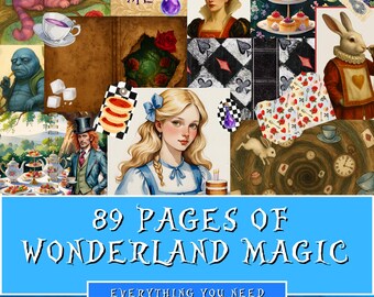 Alice in Wonderland Junk Journal Kit – 89 Pages of Printable Ephemera, Tags, Cards & Backgrounds – Digital Scrapbook Download