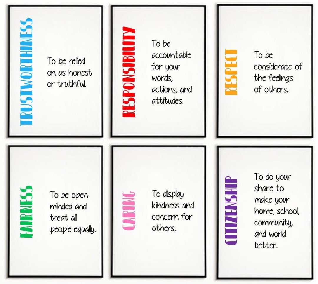 Digital Print 6 Pillars of Character Classroom Decor Rainbow Colors Comes With 3 Sizes Kids