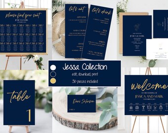 Jessa コレクション | ウェディング テンプレート バンドル | ネイビーとゴールドのミニマリスト モダン セット | ウェディング招待状 | 編集可能なウェディング サイン | シンプル