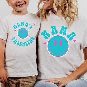 Mama and Mini Matching Valentine Youth and Toddler Shirts Boy mama Matching Tees Valentines Shirts Smiley Valentines Retro Groovy Font