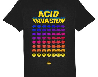 Acid Invasion Rave T Shirt - Space Invaders Retro Gaming Print on Black Organic T-Shirt
