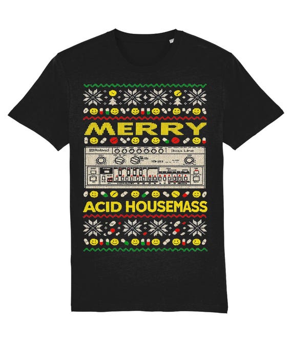 Acid House Christmas Tee Shirt in Black... Xmas Rave Flyer Art