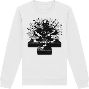May include: White sweatshirt with a black and white graphic of a DJ wearing headphones and mixing on turntables. The word "WIZARD" is printed on the DJ's shirt. The design includes splash effects behind the DJ.