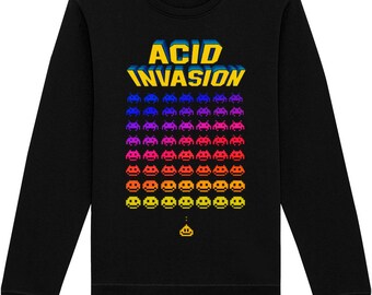 Acid Invasion Rave T Shirt - Space Invaders Retro Gaming Print on Black Organic Sweatshirt