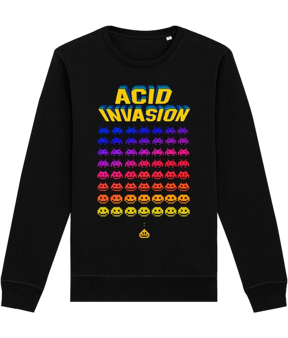 Acid House Rave Sweatshirt - Retro Gaming Meets Acid House - Acid Invasion Print on Black Sweatshirt