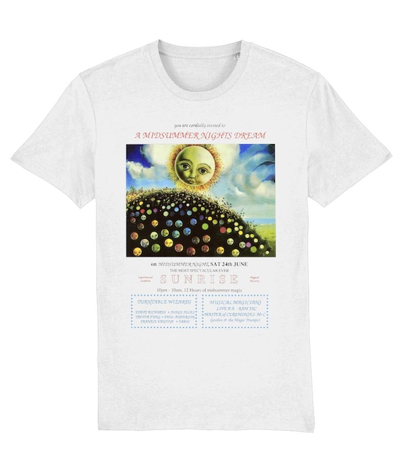 Sunrise Midsummer Nights Acid House Rave Flyer T-Shirt, Organic Cotton, Vegan Certified, Rave, Club Festival Streetwear , Unisex Mens Womens