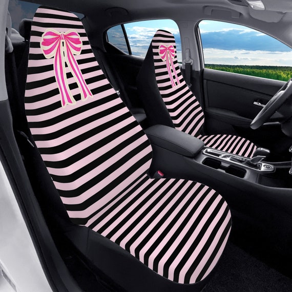 Black Striped Car Seat Covers Pink Bow, Girly Car Decor, Pink Car