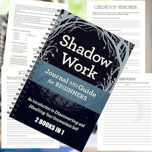 May include: A dark blue spiral-bound journal and guide titled "Shadow Work" for beginners. The cover features white text and a tree branch design. The journal is described as an introduction to discovering and healing your unconscious self, with 2 books in 1.