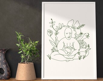 May include: A line drawing of a person sitting in a meditative pose, holding a globe in their hands. The person is surrounded by flowers and plants. The drawing is in green on a white background.