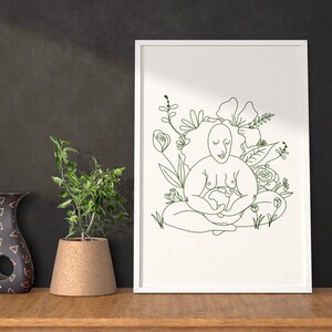 Könnte beinhalten: Eine Linienzeichnung einer Person, die in meditativer Haltung sitzt und einen Globus in den Händen hält. Die Person ist von Blumen und Pflanzen umgeben. Die Zeichnung ist in Grün auf weißem Hintergrund.