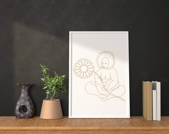 May include: A line drawing of a person sitting with a sunflower in a white frame. The person is depicted with a halo of sun rays and is holding the sunflower in their lap. The drawing is in a minimalist style and is done in a warm brown colour.