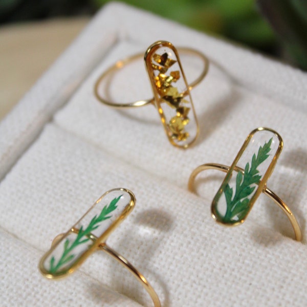 Long bezel fern & Gold ring/ handmade resin ring tarnish resistant