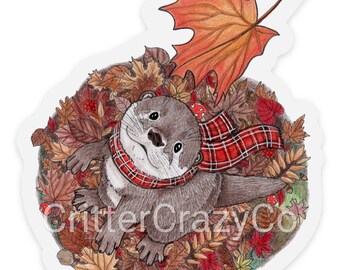 Otter in Autumn Leaves Sticker, Medium, CLEAR BACKGROUND