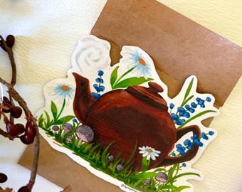 Cozy Teapot Sticker | Secret Garden Cottagecore Waterproof Vinyl Sticker