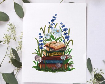 Enchanted Cottage Bookshelf Art Print: Whimsical Fairycore Forest Decor for Book Lovers