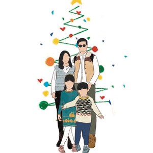 May include: A digital illustration of a family of four standing in front of a green Christmas tree with colorful decorations. The family is wearing winter clothes and smiling. The text "Merry Christmas" is written in green below the family. The date "12.24.2022" is written in smaller green text below the greeting.