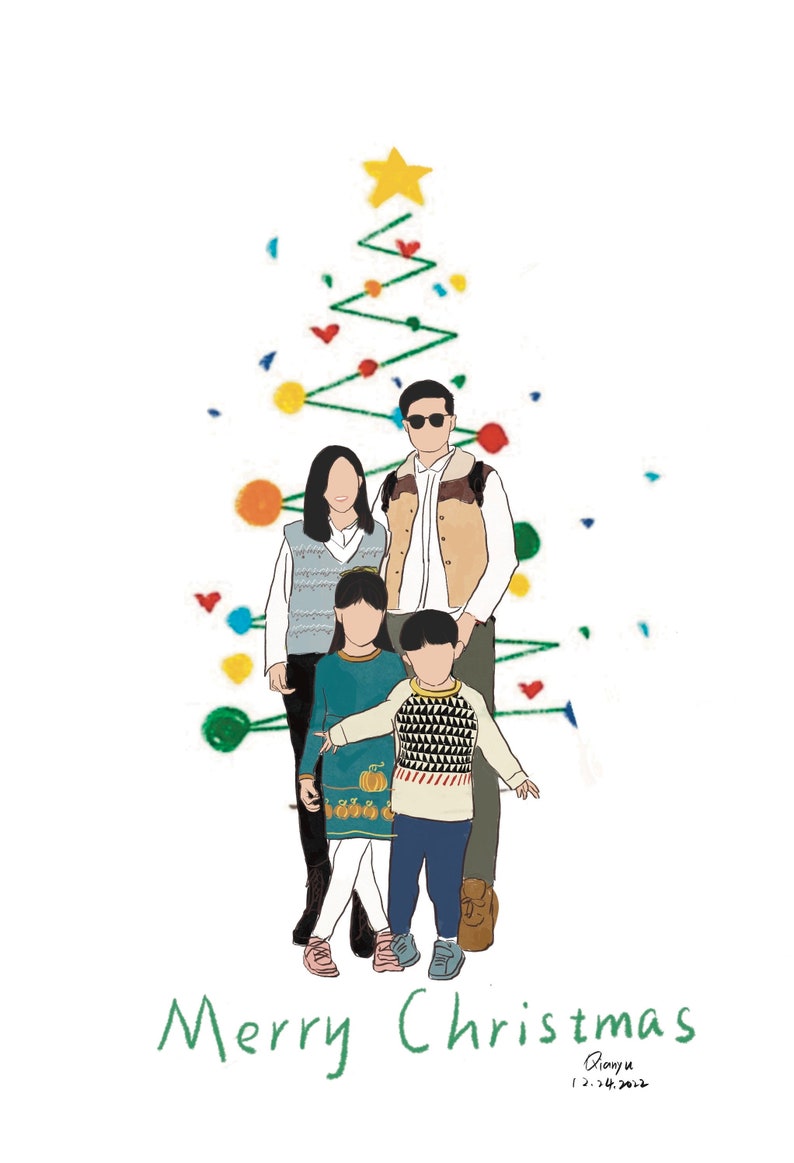 May include: A digital illustration of a family of four standing in front of a green Christmas tree with colorful decorations. The family is wearing winter clothes and smiling. The text "Merry Christmas" is written in green below the family. The date "12.24.2022" is written in smaller green text below the greeting.