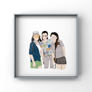 May include: Three women wearing sunglasses and casual clothing are standing together. The woman on the left is wearing a blue jacket, a white hat, and green shorts. The woman in the middle is wearing a colorful patterned shirt and light gray pants. The woman on the right is wearing a gray shirt and black and white checkered shorts.