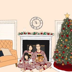 May include: A family of four in red and white striped pajamas poses in front of a fireplace with a decorated Christmas tree. The family is smiling and holding a small dog.