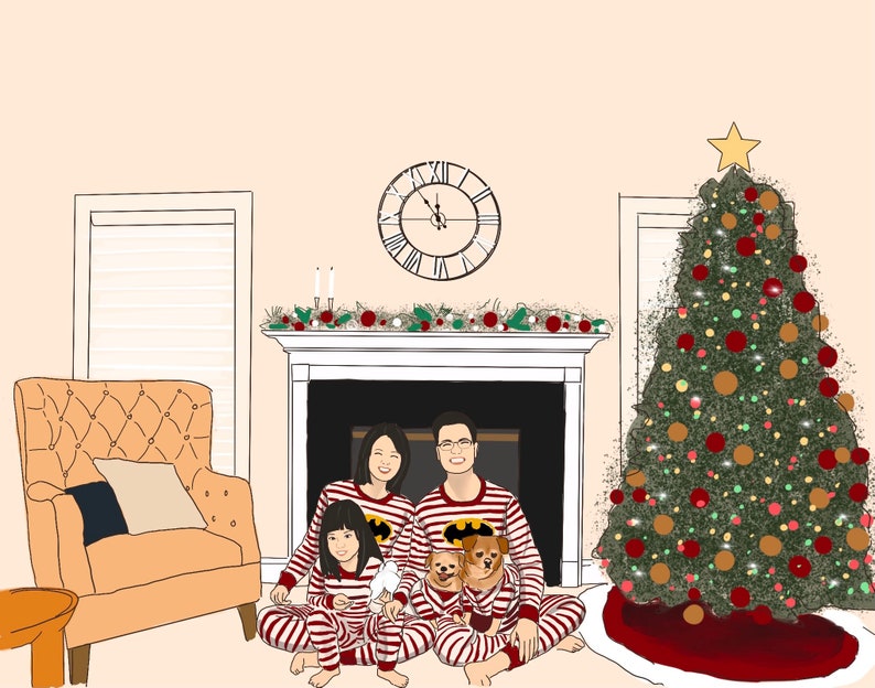 May include: A family of four in red and white striped pajamas poses in front of a fireplace with a decorated Christmas tree. The family is smiling and holding a small dog.