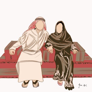 May include: A couple sitting on a red and brown patterned couch. The man is wearing a white robe and a red and white patterned head covering. The woman is wearing a black robe with gold embroidery and a black head covering.