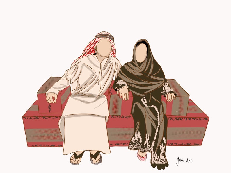May include: A couple sitting on a red and brown patterned couch. The man is wearing a white robe and a red and white patterned head covering. The woman is wearing a black robe with gold embroidery and a black head covering.