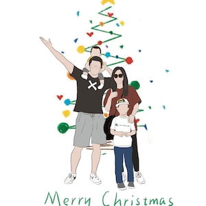 May include: A family of four stands in front of a green Christmas tree with colorful ornaments. The parents are holding their two children, one on each shoulder. The family is smiling and looking at the camera. The text "Merry Christmas" is written below the family, and the text "From: Qiangyu 12.24.2022" is written below the text "Merry Christmas".