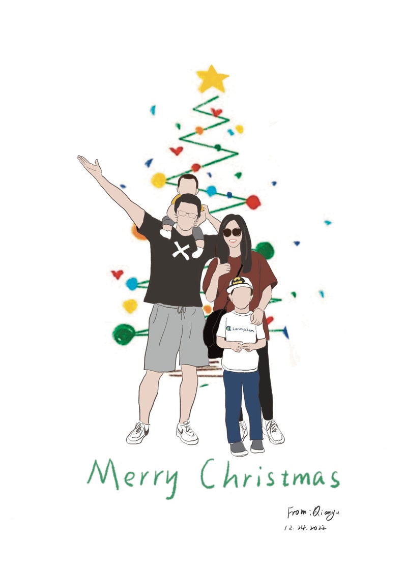 May include: A family of four stands in front of a green Christmas tree with colorful ornaments. The parents are holding their two children, one on each shoulder. The family is smiling and looking at the camera. The text "Merry Christmas" is written below the family, and the text "From: Qiangyu 12.24.2022" is written below the text "Merry Christmas".