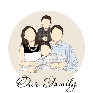 May include: A digital illustration of a family of four. The family is depicted in a circle with a beige background. The parents are standing with their arms around their two children. The text "Our Family" is written below the circle.