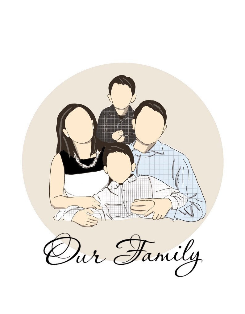 May include: A digital illustration of a family of four. The family is depicted in a circle with a beige background. The parents are standing with their arms around their two children. The text "Our Family" is written below the circle.