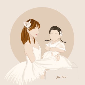 May include: A digital illustration of a woman in a white dress holding a young girl in a white dress. The woman has brown hair and is wearing a white feather headband. The girl has brown hair and is wearing a white flower in her hair. The background is a light brown color.