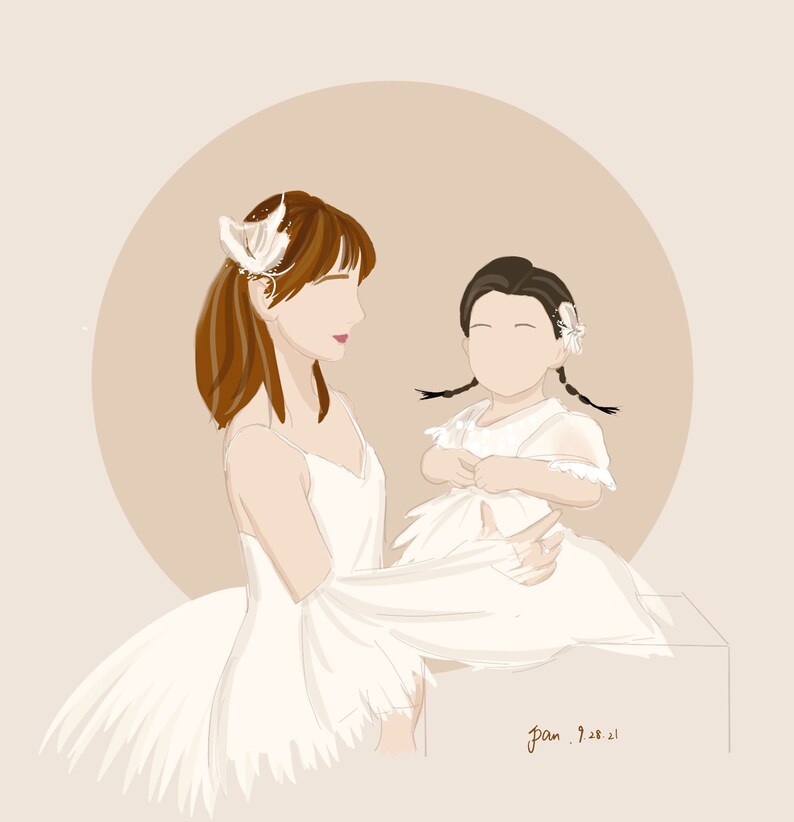 May include: A digital illustration of a woman in a white dress holding a young girl in a white dress. The woman has brown hair and is wearing a white feather headband. The girl has brown hair and is wearing a white flower in her hair. The background is a light brown color.
