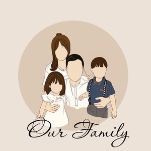 May include: A digital illustration of a family of four. The family is standing together in a circle, with the parents in the back and the two children in the front. The parents are both smiling, and the children are looking at the camera. The text "Our Family" is written below the image.