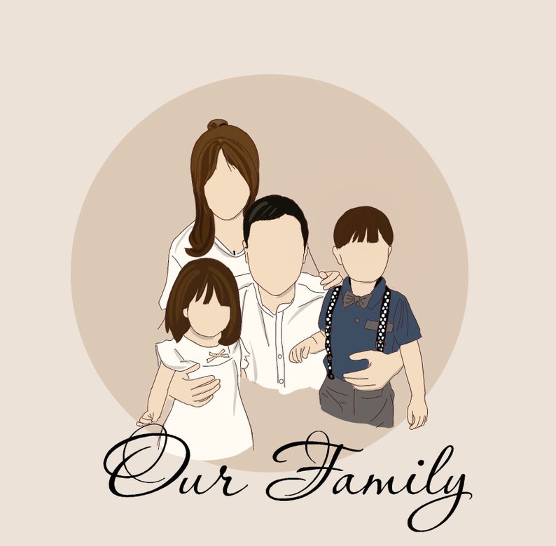 May include: A digital illustration of a family of four. The family is standing together in a circle, with the parents in the back and the two children in the front. The parents are both smiling, and the children are looking at the camera. The text "Our Family" is written below the image.