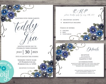 Modello di invito di nozze floreale blu / RSVP modificabile (download digitale)