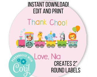 Etichette di ringraziamento per il compleanno di Animal Train / Stampabili, modificabili (digitali)