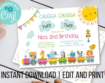 Invito per il secondo compleanno di Animal Zoo Train / Biglietto digitale modificabile
