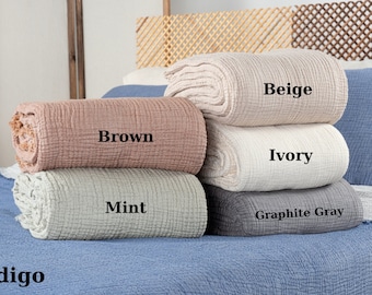 Soft 100% Cotton Muslin Blanket, 4 Layer Double-Sided Bedcover, Twin Queen King Size Quilt, Breathable Organic Woven Throw Blanket, Coverlet