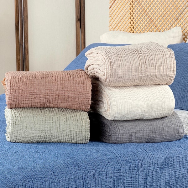 100% COTTON 4 Layer Gauze Blanket, Pre-Washed Organic Queen King Muslin Bedcover, OEKO-TEX Certified Bedspread, Reversible Turkish Blanket