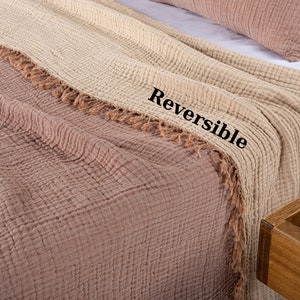 Puede incluir: Una manta reversible con tejido de gofre texturizado y ribete de flecos. Un lado es de color beige claro y el otro lado es de color marr&oacute;n claro. La manta se muestra doblada en una cama.