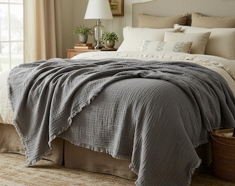 100% ORGANIC Gauze Blanket, 4 Layer Cotton Muslin Bedcover, Twin Queen King Size Bedspread, Reversible OEKO-TEX Certified Throw Blanket