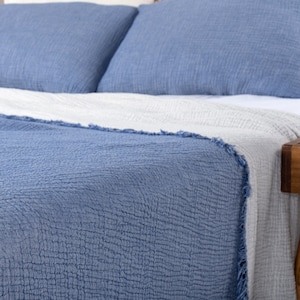 Puede incluir: Una manta de tiro acolchada azul con un borde con flecos. La manta est&aacute; doblada en una cama con almohadas blancas y azules.