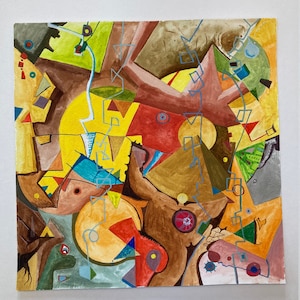 Abstract surrealist painting - colourful unique vibrant art - hand-painted gouache and watercolour - Mark Halligan signed - cubist