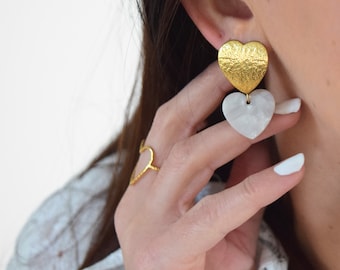 Boucles d'oreilles Duo - cœur nacré et acier inoxydable - boucles pendantes, bijoux d'amour, cadeaux pour la saint valentin