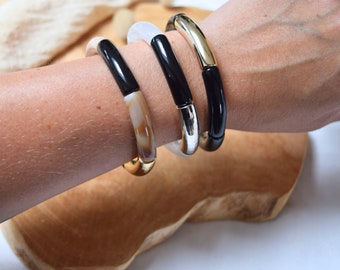 Bracelet élastique jonc -perles coudées en acryliques - tubes incurvés en résine - bijoux tendance, coloré, boho