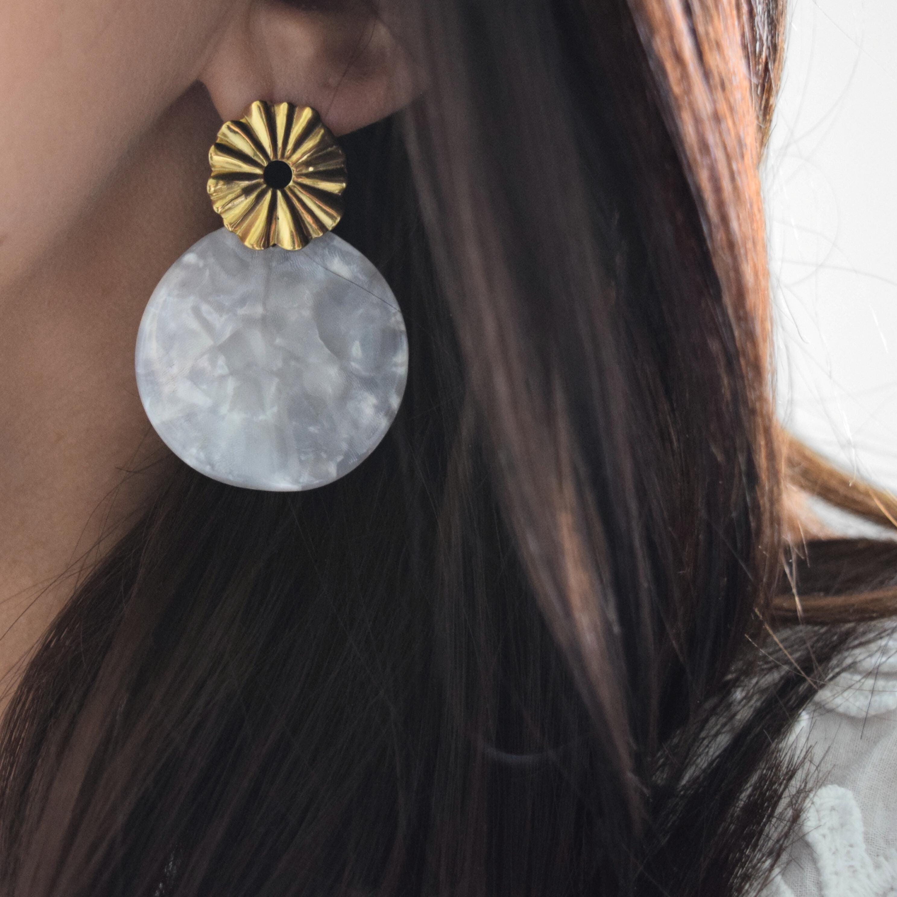Ondine earrings - steel and pearly acetate dangling earrings, trendy jewelry, original, gifts for her
