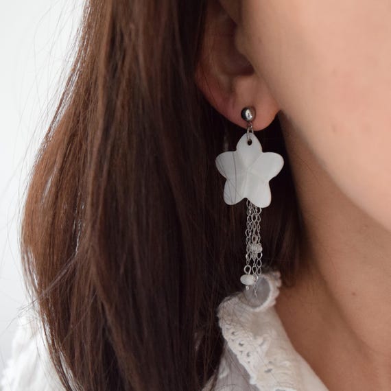 Boucles D'oreilles Pendantes Longues Argent Nacré - Occasion, état Parfait, Fermoir Pour Oreilles Percées